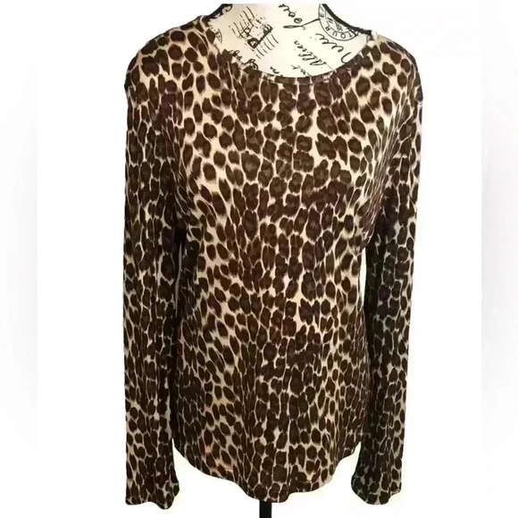 Neiman Marcus Exclusive Women’s large 100% Silk Brown Leopard Print Blouse L/S - Picture 1 of 4